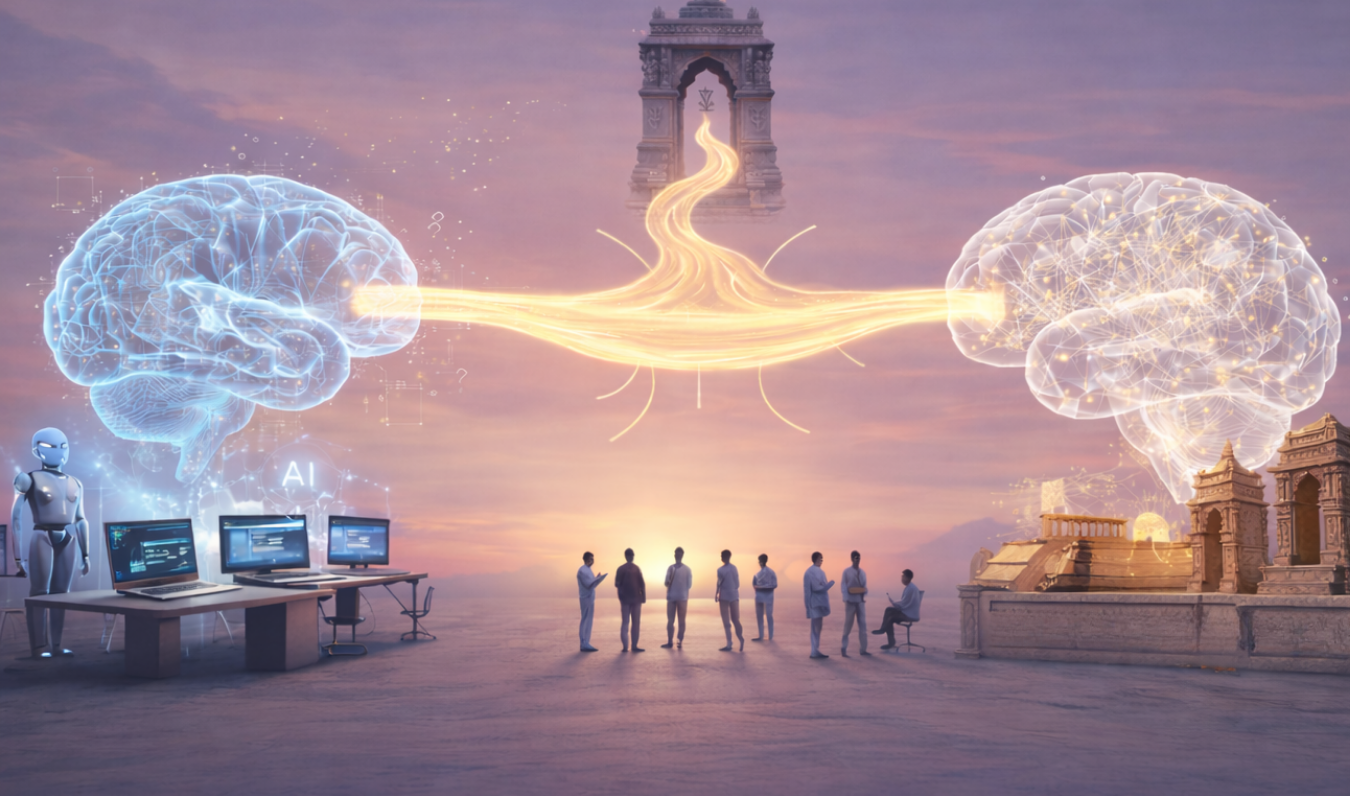 Two luminous brains connected by golden streams of light — bridging AI and Indian philosophical traditions